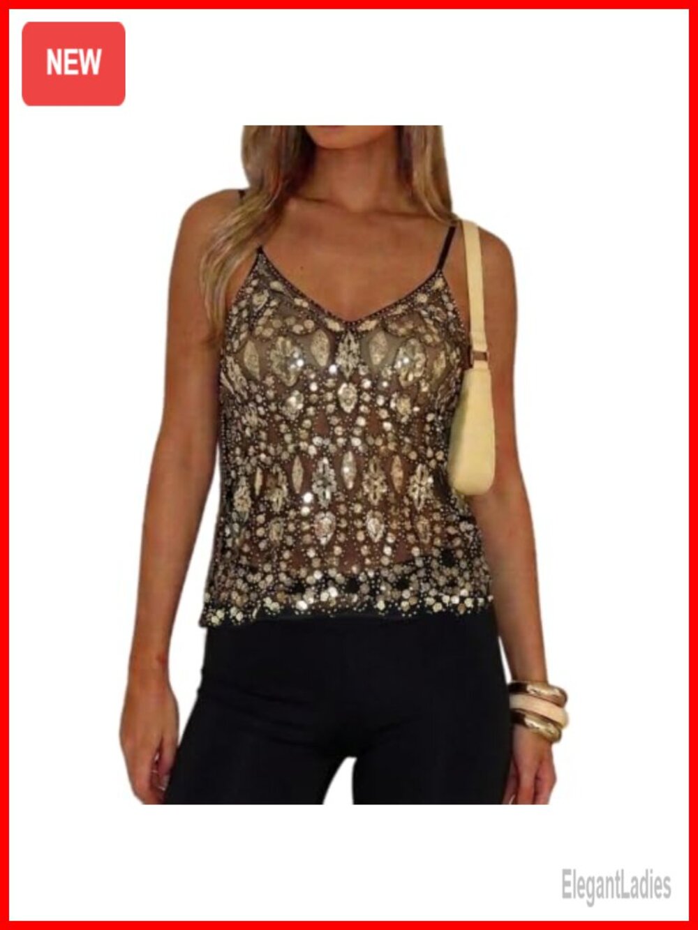 Sparkly Sequin Sheer Mesh Beaded V-Neck Cami Tank Top Party Rave Y2K